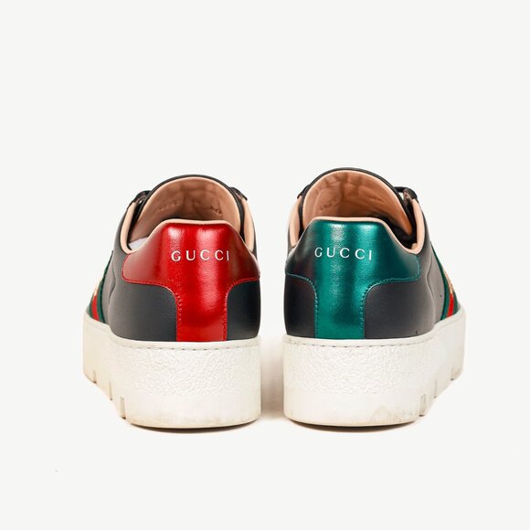 Gucci Ace Web Gold Bee Black Leather White Platform Sneaker - Picture 3 of 11